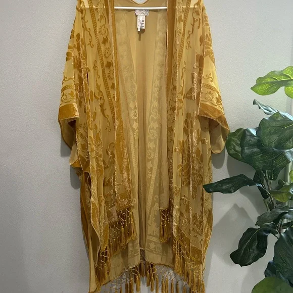 Free People Yellow Floral Kimono nightbird burnout gold velvet tassel - Picture 4 of 12